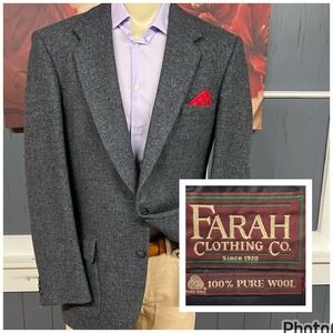 Vintage Farah Tweed Blazer Jacket Sport Coat Mens 44L Long Wool Grayish Navy